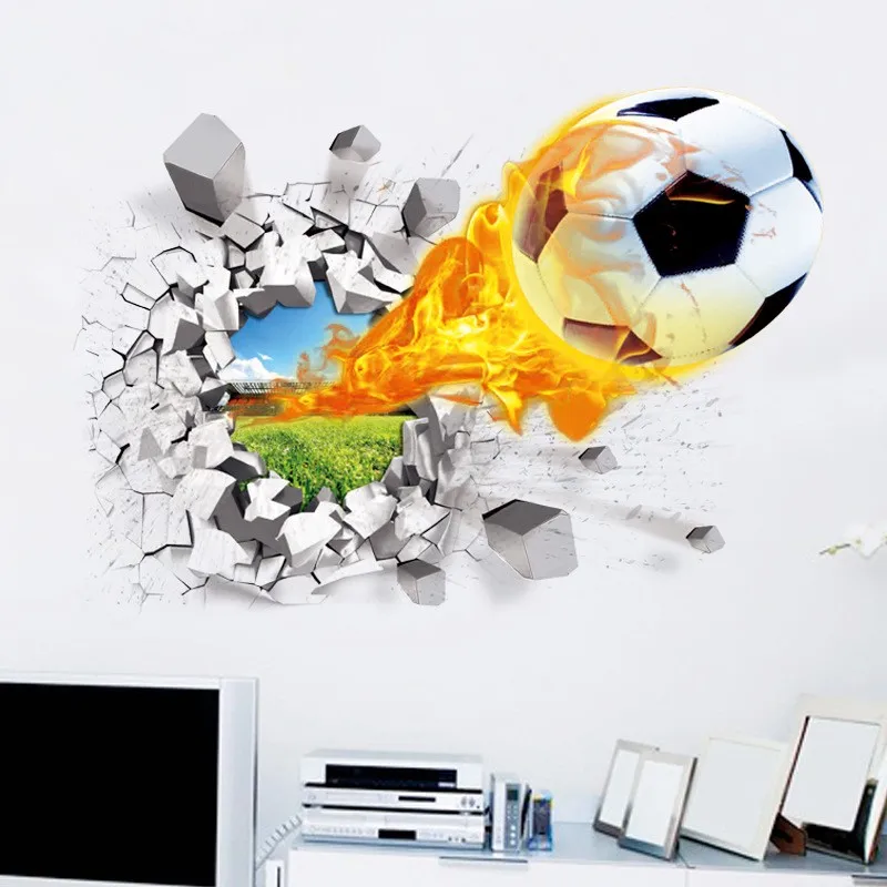 

Football Sport Poster 3D Flame Soccer Broken Wall Hole Art Vinyl Mural Stickers Home Decoration for Kids Room Creative Wallpaper