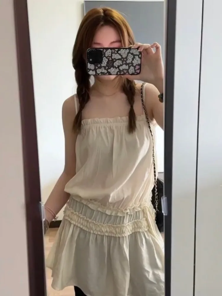 

Sweet Ruffle Splice Gathered Waist ter Top Women Spring Design Holiday Sle Layered Younger Vest Tops Cotton Polyester Blend