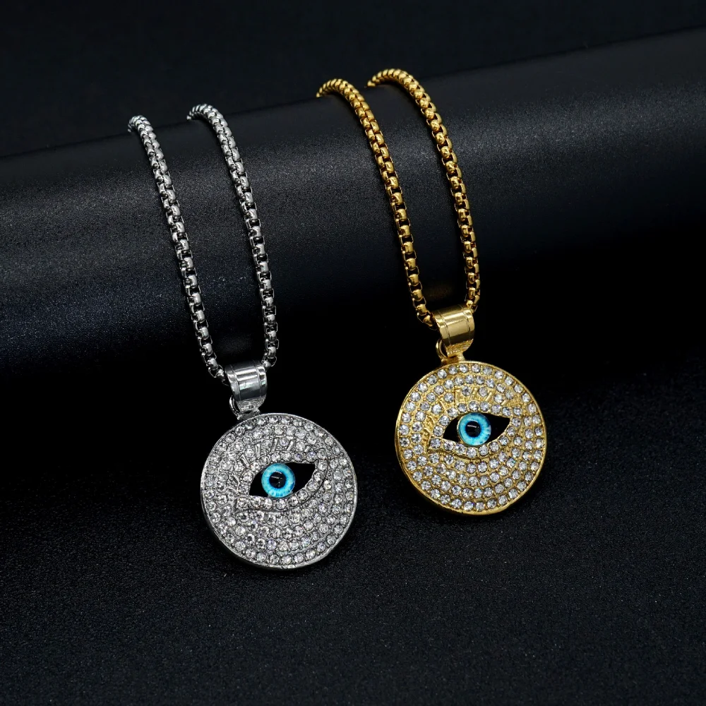 

Fashion Round Zircon Inlaid Eye of God Pendant Necklace Charming Men's Necklace Hip Hop Punk Accessories New Jewelry Wholesale
