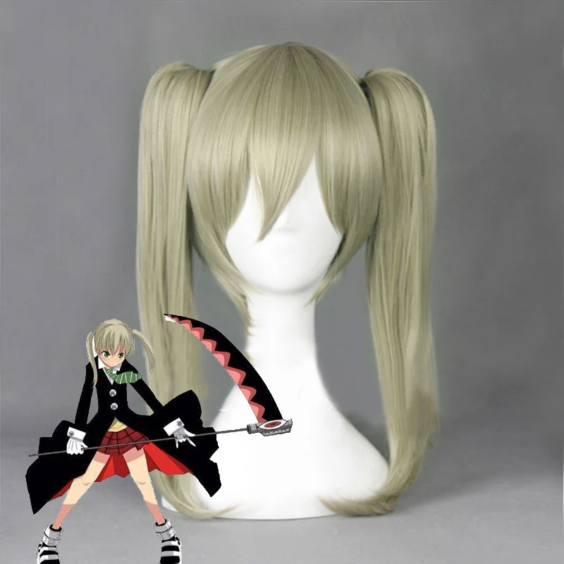 Anime Soul Eater Maka Albarn Cosplay Wigs Linen Double ponytail Heat Resistant Synthetic Hair Wig + Wig Cap