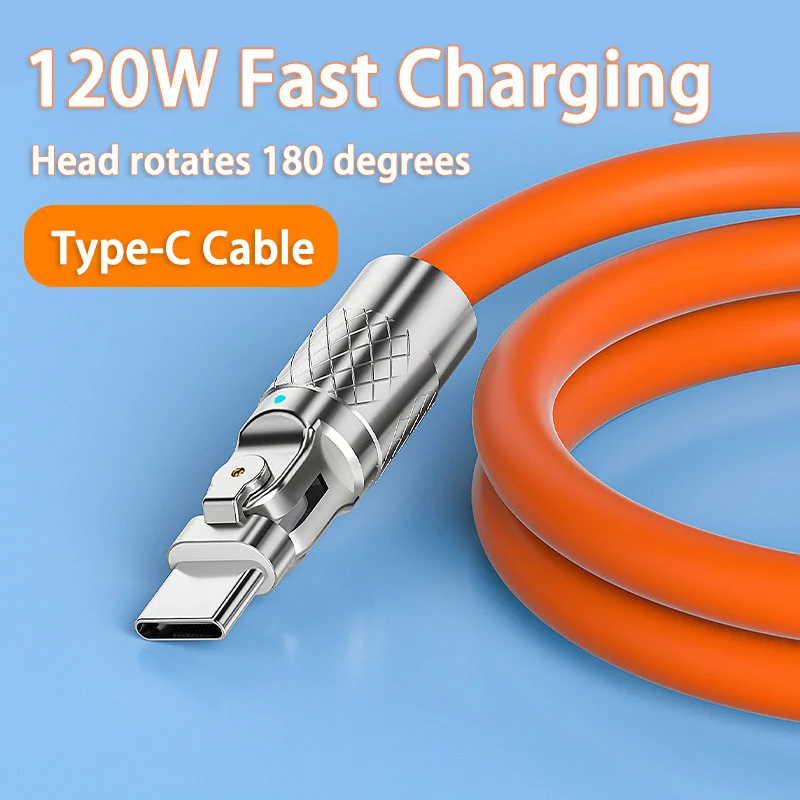 USB Type C120W Zinc Alloy Machine Customer USB C Data Line Elbow 180 Rotating Liquid Silicone Game 6A Fast Charging with Lamp