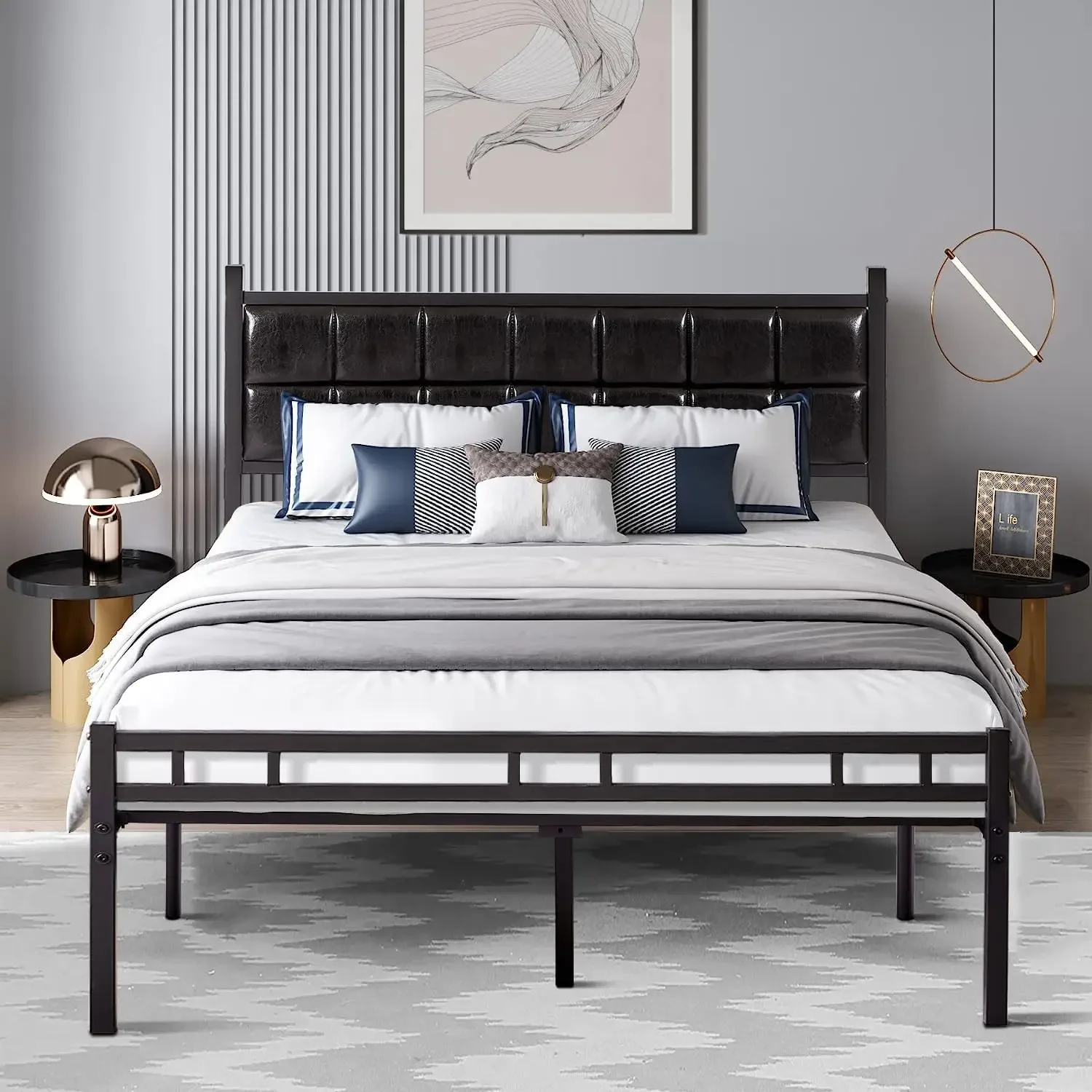 

Full Size Metal Bed Frame with Faux Leather Headboard, Heavy-Duty Platform Beds, 12 inch Under-Bed Storage, Steel Slats Support