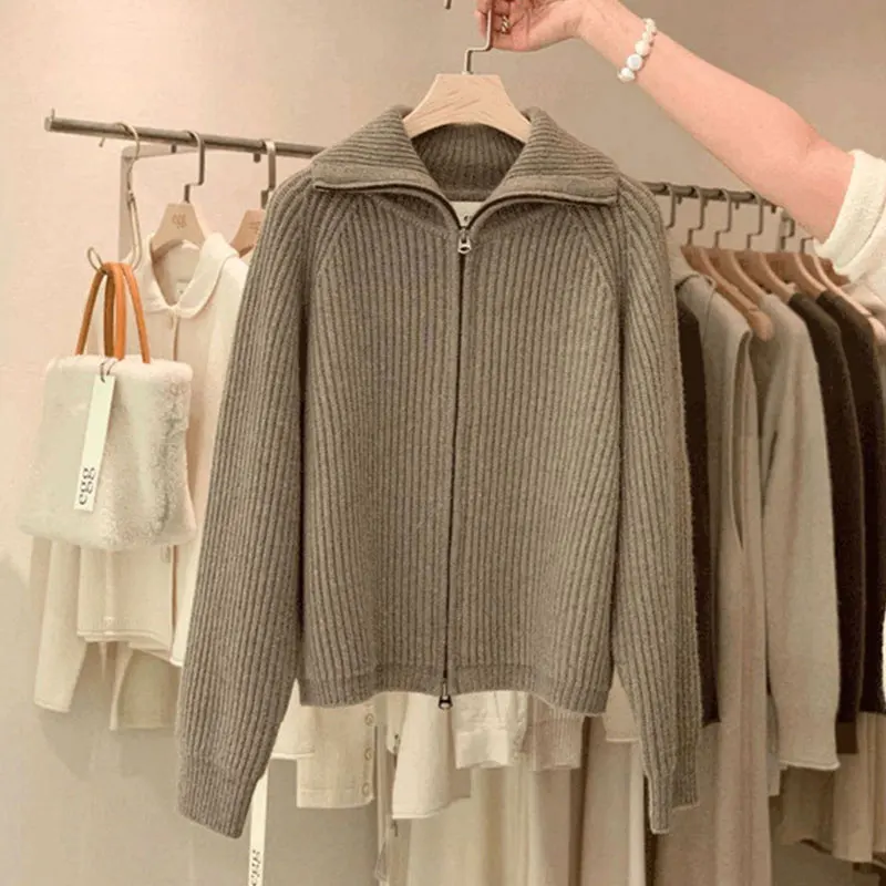 FIGOHR Korean Retro Zipper Knitted Cardigan Women's 2024 Autumn/Winter Loose Outerwear Lazy Style Flip Collar Sweater Jacket Top