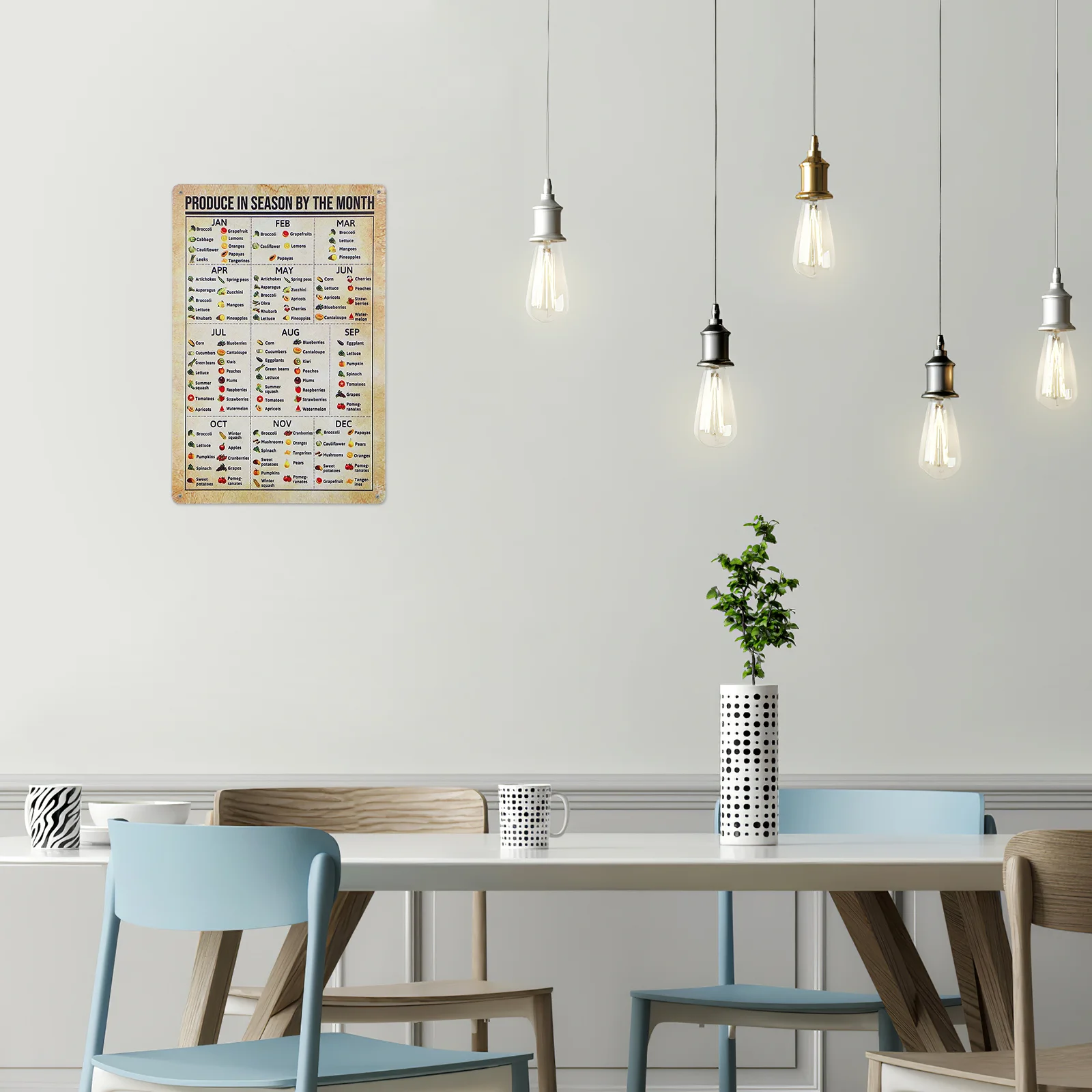Vintage Plant Infographic Season Fruit Vegetable Sign Gift for Kitchen Chart Poster Wall Metal