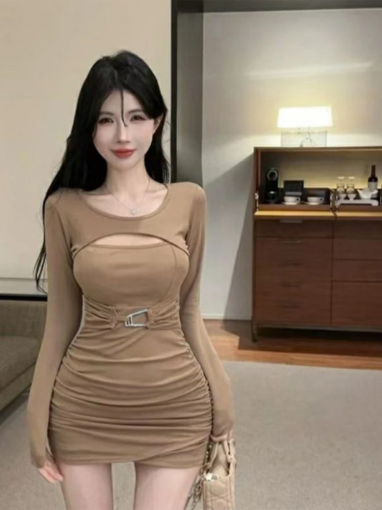 Vestidos de manga larga para mujer vestido de fiesta de noche elegante otoño Modal Beige ahumado fruncido cintura ajustada medio cuello alto minimalista