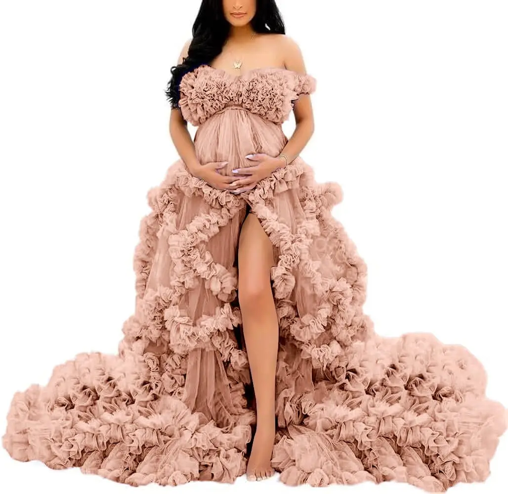 Fotoshoot & babyshower tule zwangerschapsjurk - off-shoulder, puffy ruches, elegante lange jurk voor zwangerschap