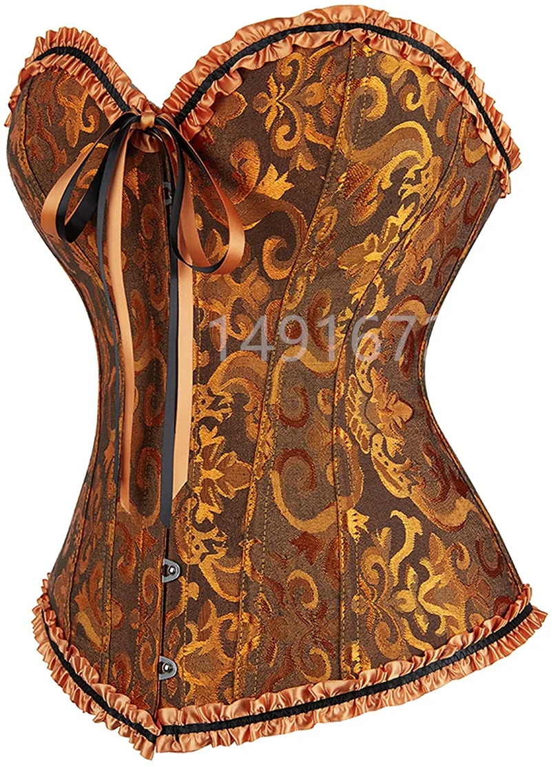 Corset Bustier Top Yellow Sexy Women\'s Plus Size Overbust Corselet Lace up Floral Gothic Brocade Vintage Fashion Medieval