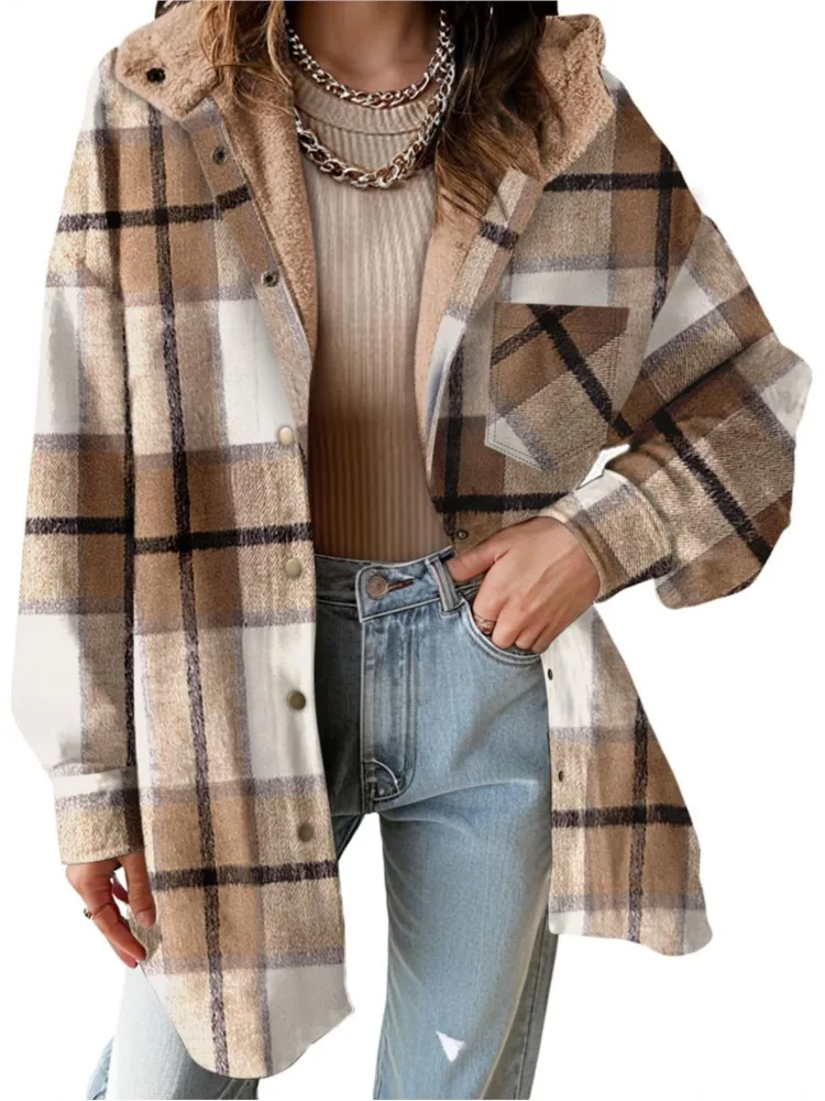 New Checkered Pocket Button Women's Jacket Coats Autumn Winter Casual Long Sleeved Lapel Comfortable Warm Thicken Coat Woman 2
