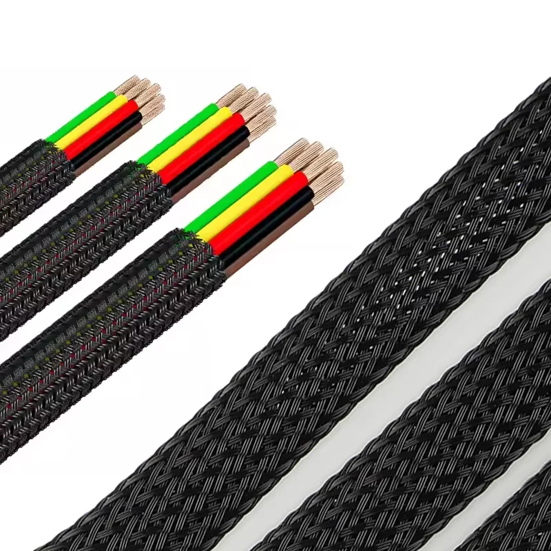 PET Elastic Woven Wire Mesh Black Encrypted Flame Retardant Woven Wire Mesh Nylon Computer Wire Mesh Tube Telescopic Sleeve 5m