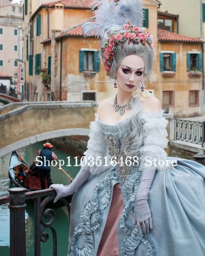 Historic Medieval Evening Dresses Sky Blue Strapless Corset Appliquéd Court Queen Long Venice Halloween Vestidos De Festa