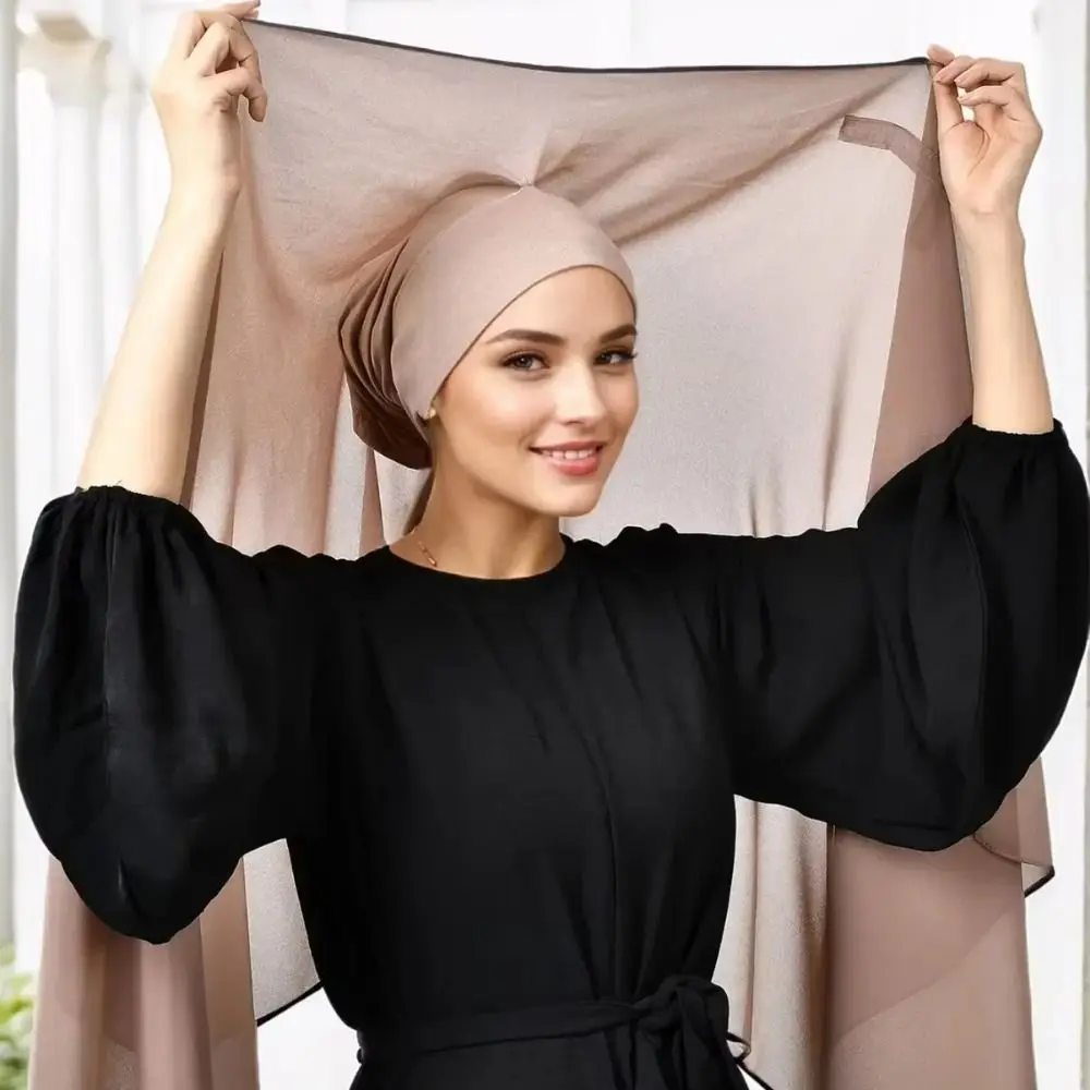 

2in1 Instant Chiffon Hijab Scarf Bulit-In Magnets Solid Color Muslim Long Headscarf with Undercap Comfortable Islamic Head Wrap