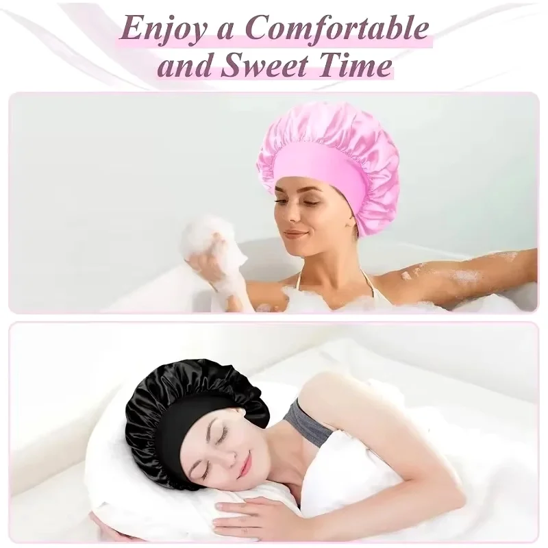 New Women's Satin Sleep Shower Cap Elastic Hair Wrap Cover Wide-brimmed Solid Unisex Household for Long Hair Salon Tool