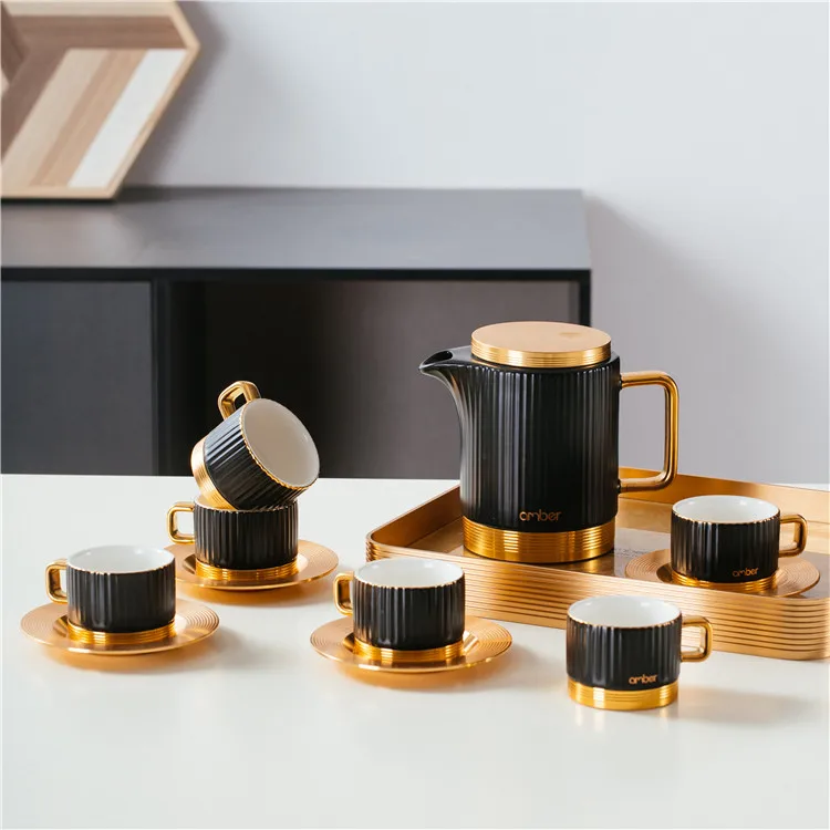 Modern custom gift box luxury gold cup saucer coffee pot jug white black porcelain tea set coffee & tea sets with tray