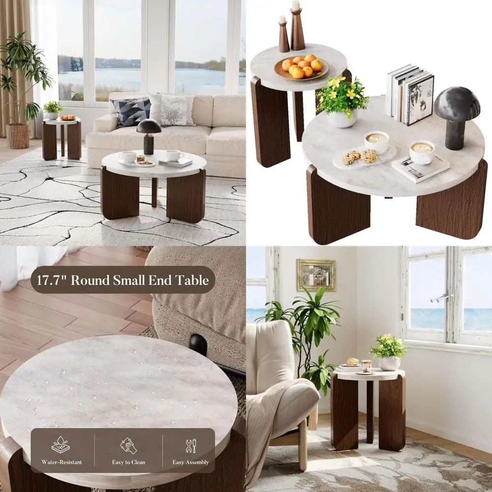 

Modern Coffee Table Set with Marble Wood Top, Walnut and Cream Legs, Minimalist Living Room Furniture (2 Pieces)