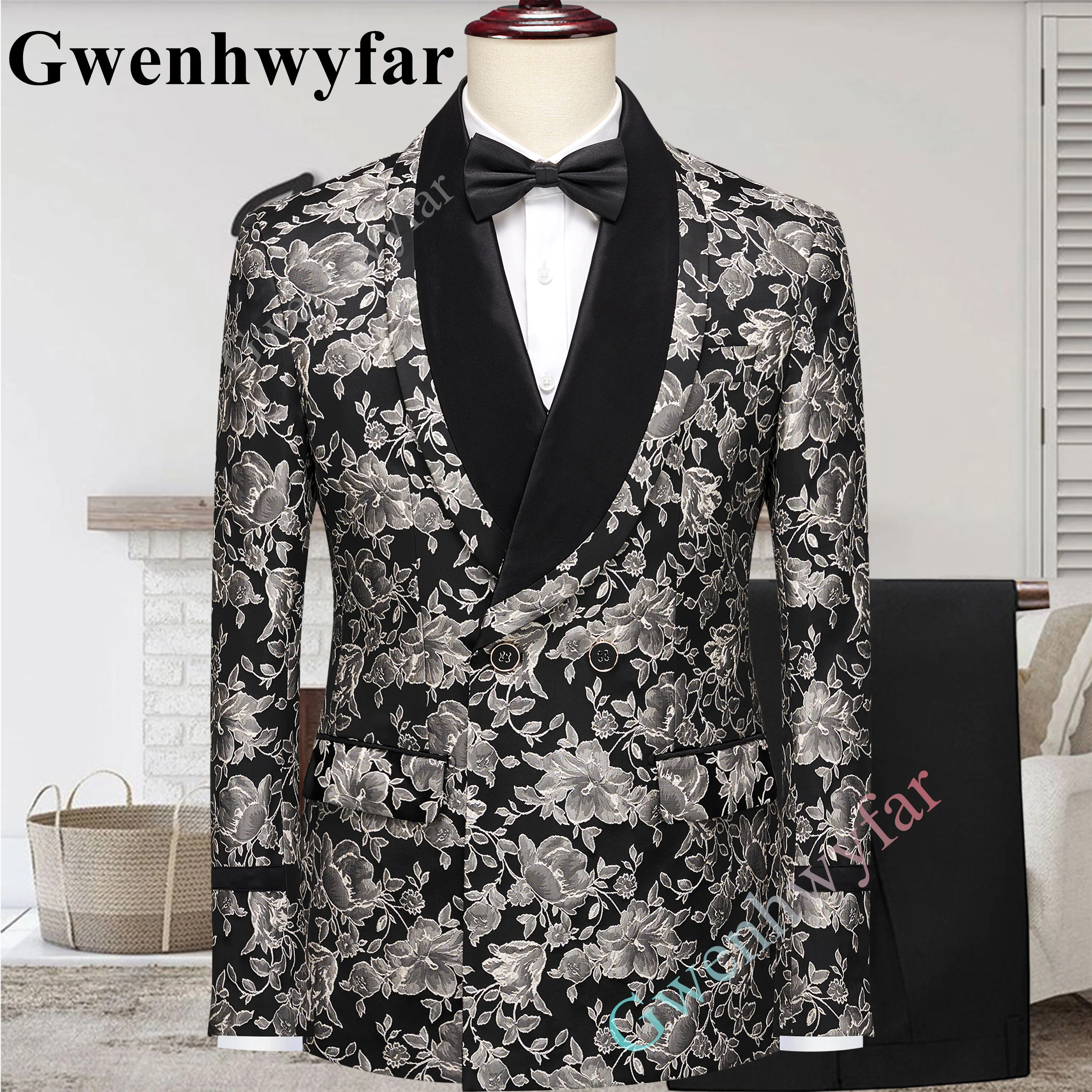 

Gwenhwyfar Black And White Luxury Latest Design Long Coat Men Suits Three Pieces Slim Fit Formal Classic Groomsmen Wedding Dress