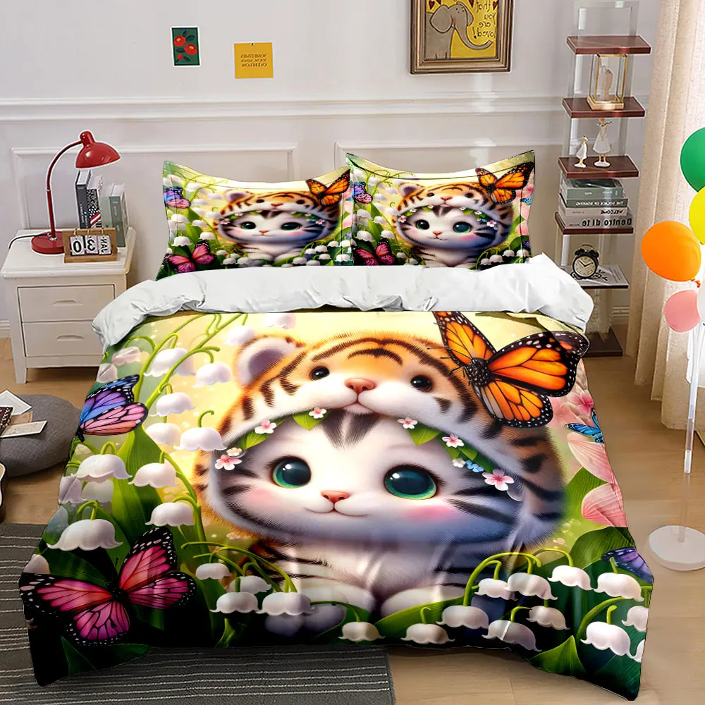 

Cute tiger with butterflies and lilies Bedding Set for Kids Luxury Gift 3pcs Digital Print Comforter Set Soft Comfortable