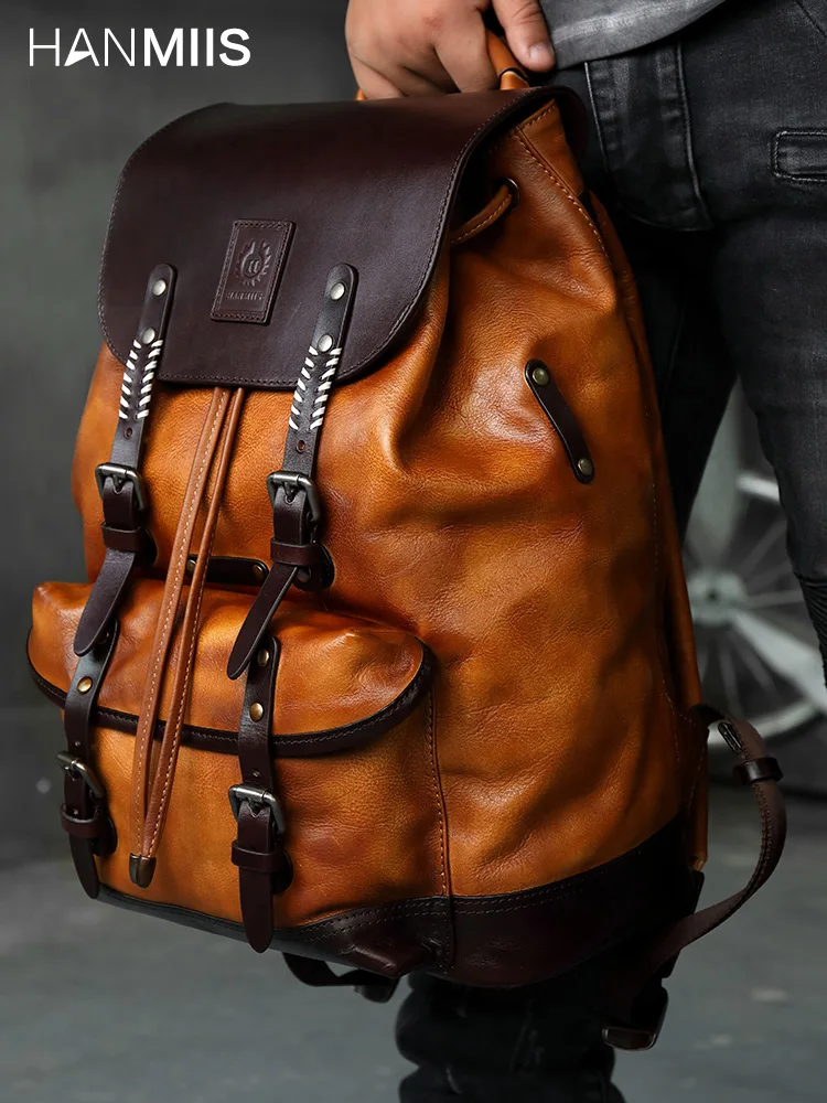 Men\'s Backpack 2024 New Male Laptop Shoulder Bag Travel Bag Full Leather Men School Backpacks Bags First Layer Cowhide Solid Bag