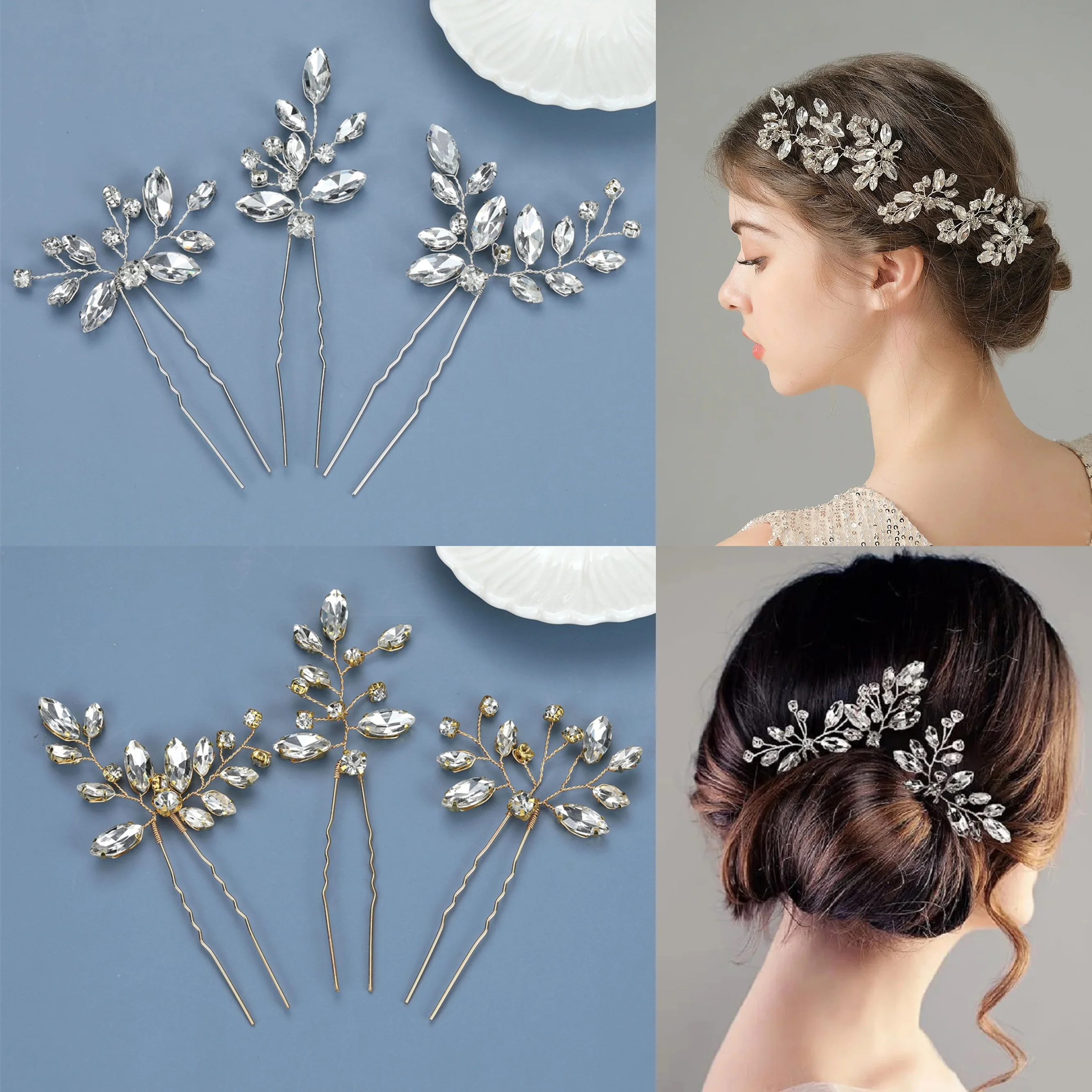 Bride U-shaped Hairpins Wedding Hair Accessories Rhinestone Leaf Shaped Hair Clips Fashion Party Side Comb Hair Jewelry Sets