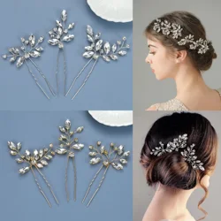Bride U-shaped Hairpins Wedding Hair Accessories Rhinestone Leaf Shaped Hair Clips Fashion Party Side Comb Hair Jewelry Sets