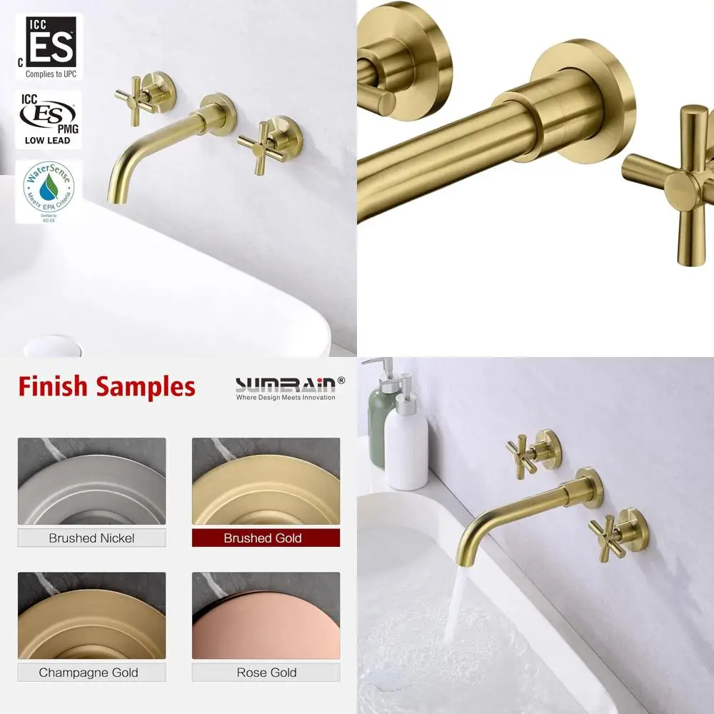 

Wall-Mounted Dual-Handle Brushed Brass Bathroom Faucet with Included Rough-In Valve
