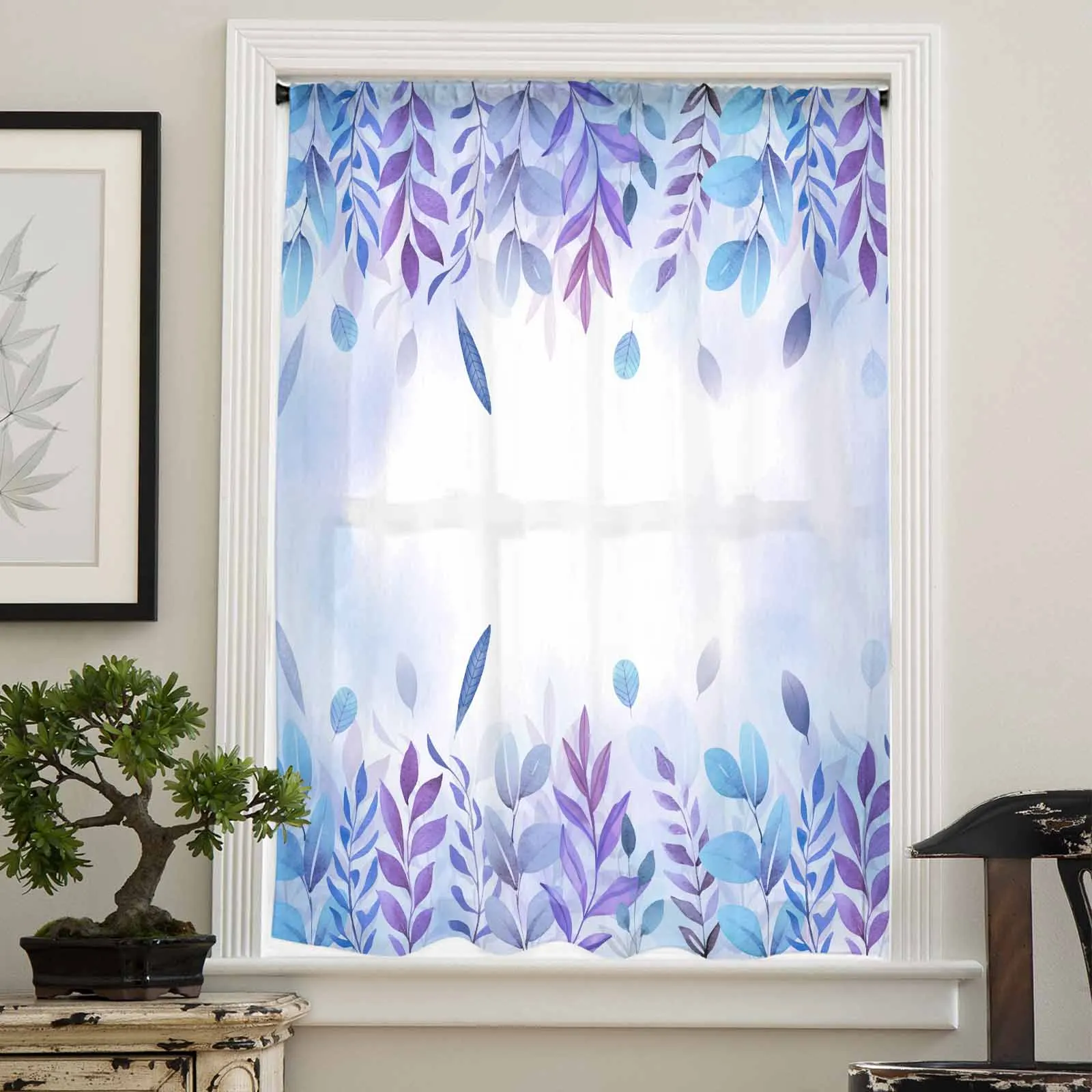 Plant Fallen Leaves Blue Purple Watercolor Dyed Rural Sheer Curtain Living Room Drapes Home Voile Curtain Tulle Window Curtain