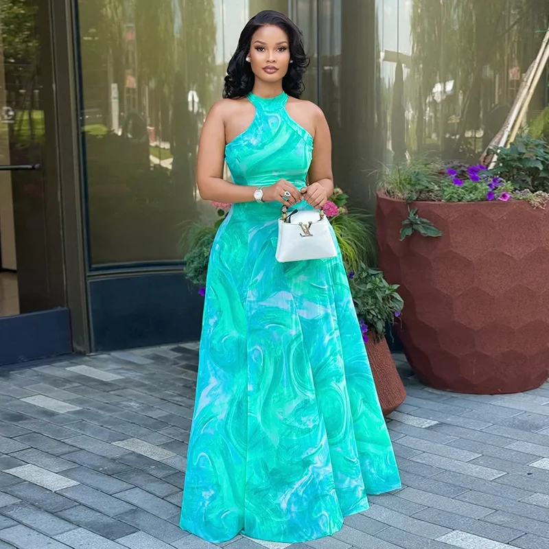 2025 verão maxi vestido para mulheres elegante sem mangas halter pescoço impressão abstrata casual estilo de férias sexy flowy em camadas outfit