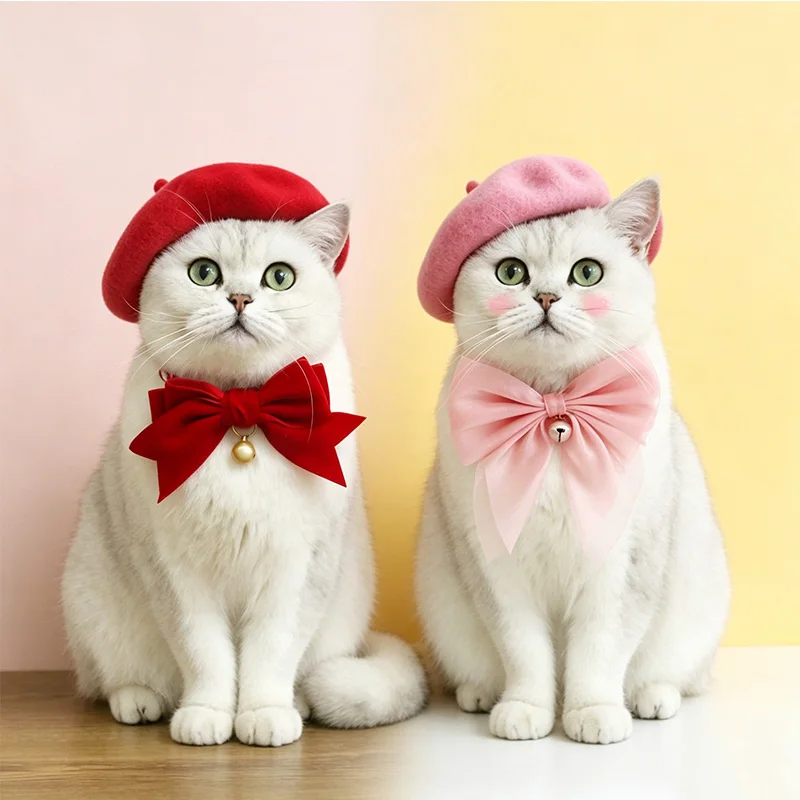 Image of Haustier Katze Hut Kopf bedeckung feine Verarbeitung Kaschmir elegante weiche Baskenmütze Fliege Kragen Dekoration Hunde Mütze Baskenmütze für Dekor Neujahr