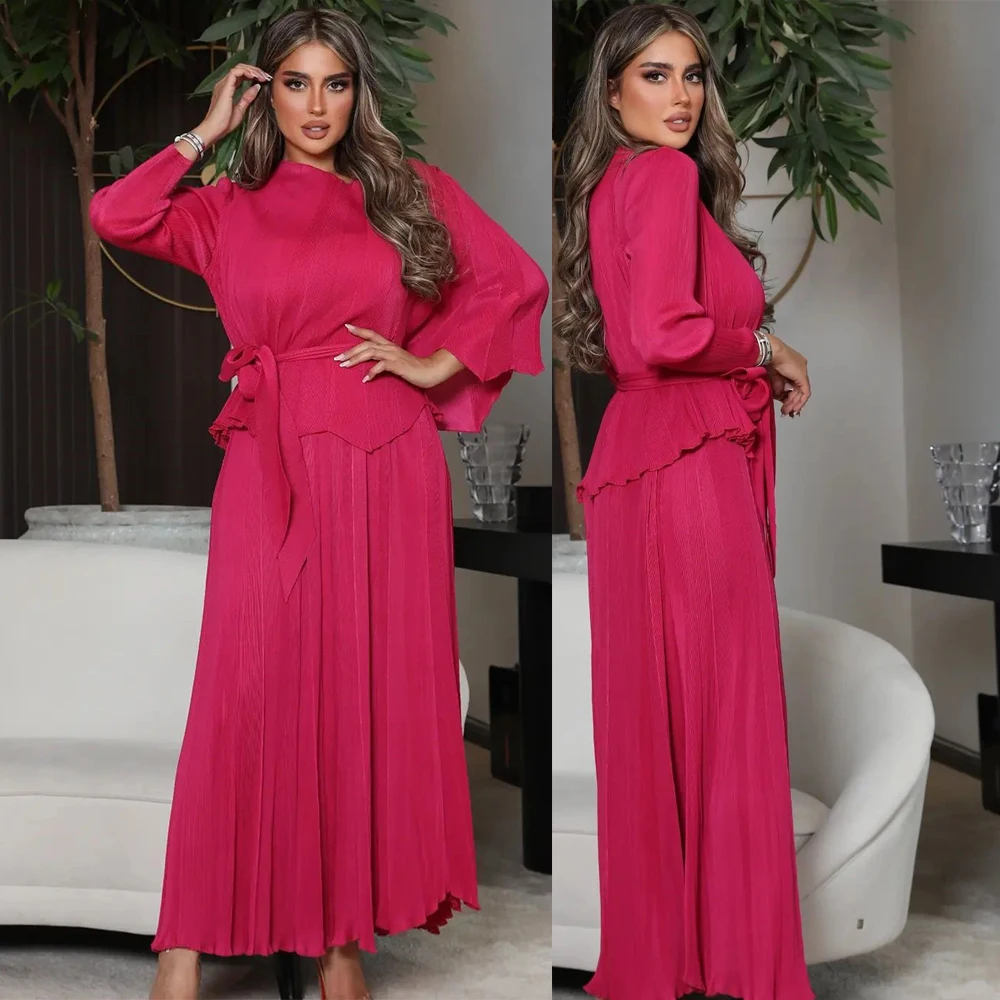 

A-line Evening Dresses Solid Color Long Sleeve Pleat Ankle-Length Prom Gown Charming Formal Party Dress فساتين السهرة