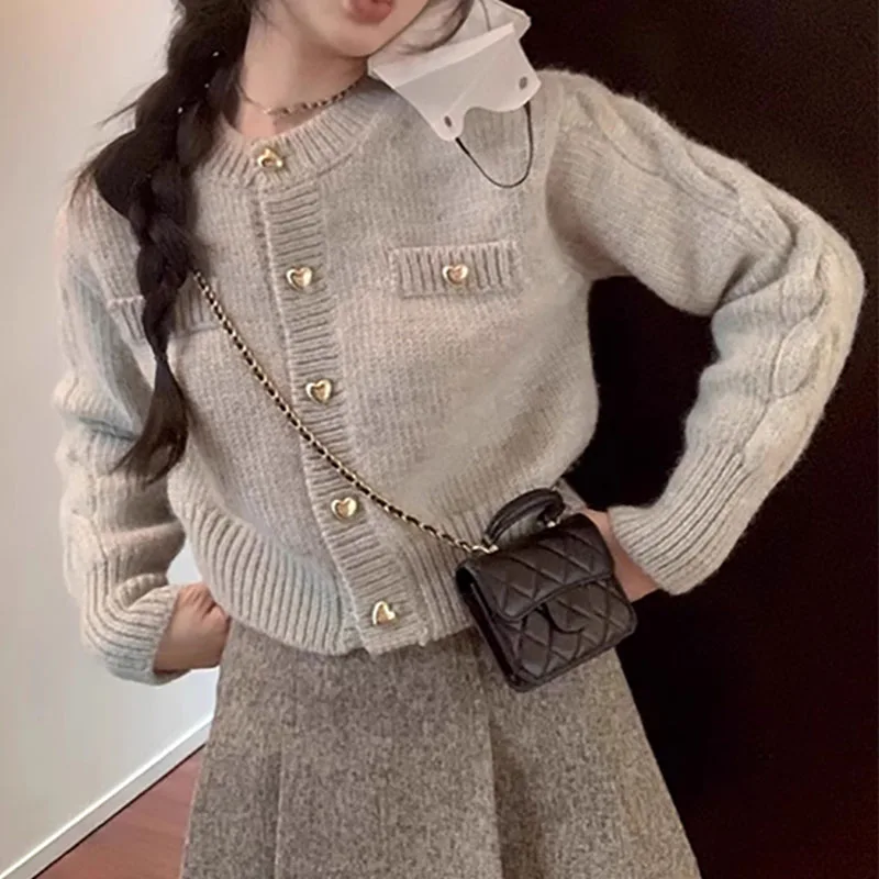 Suéter de punto con cuello redondo y una botonadura para mujer, moda de otoño e invierno, cárdigan blanco informal, abrigo de punto de manga larga para oficina para mujer