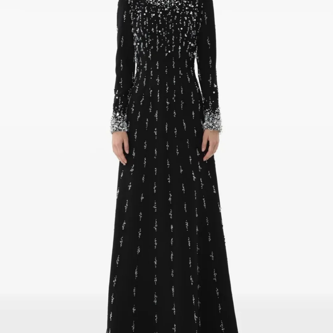 Bella personnalisé noir col rond à manches longues cristal gouttelette embelli coupe ajustée Maxi robes de soirée robes de soirée élégantes