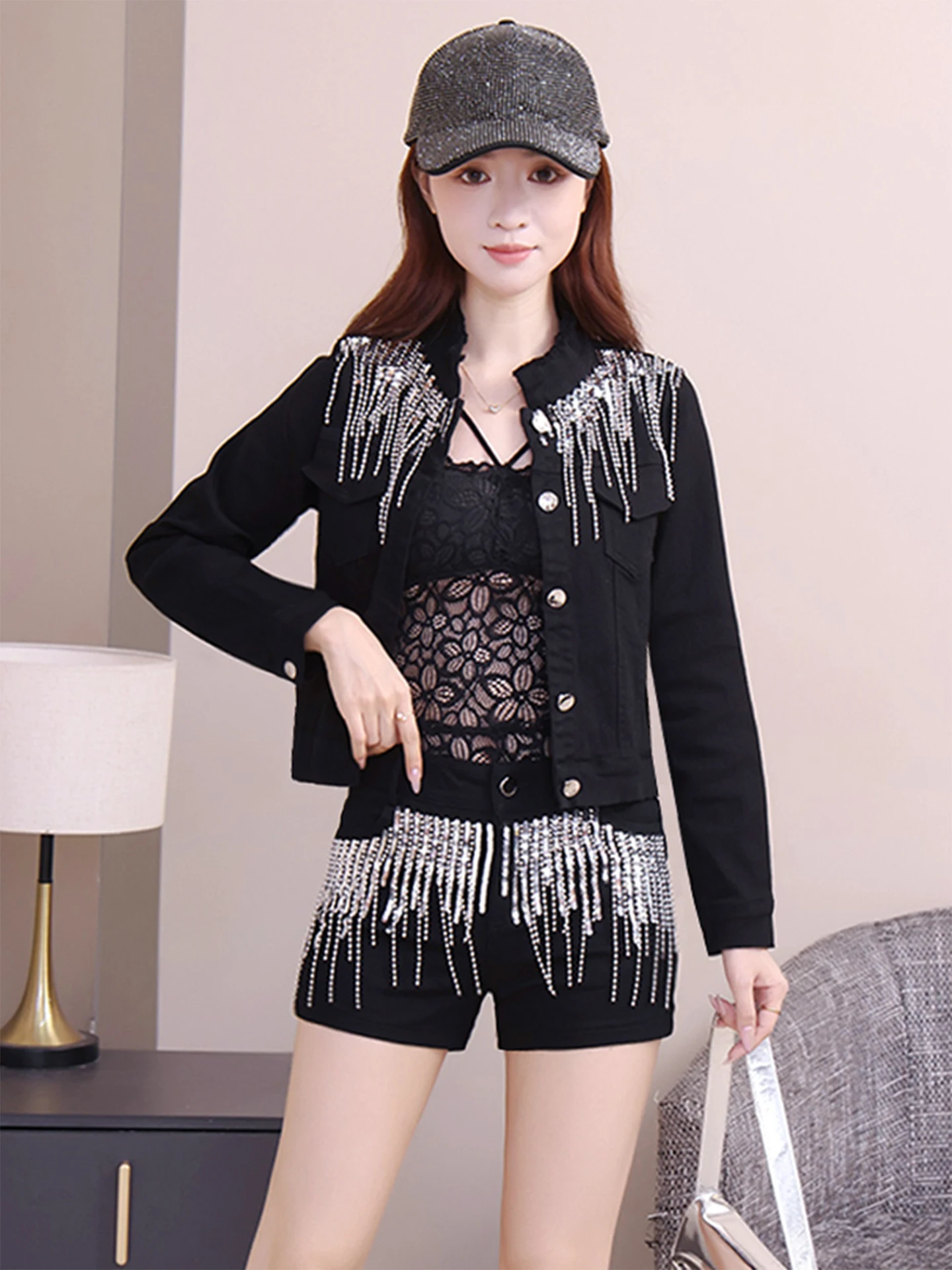 Korean Style Long Sleeve Jacket And Shorts Set Women's Fashion Sequin Tassel Trim Short Coat Top And Bottoms Spring Summer