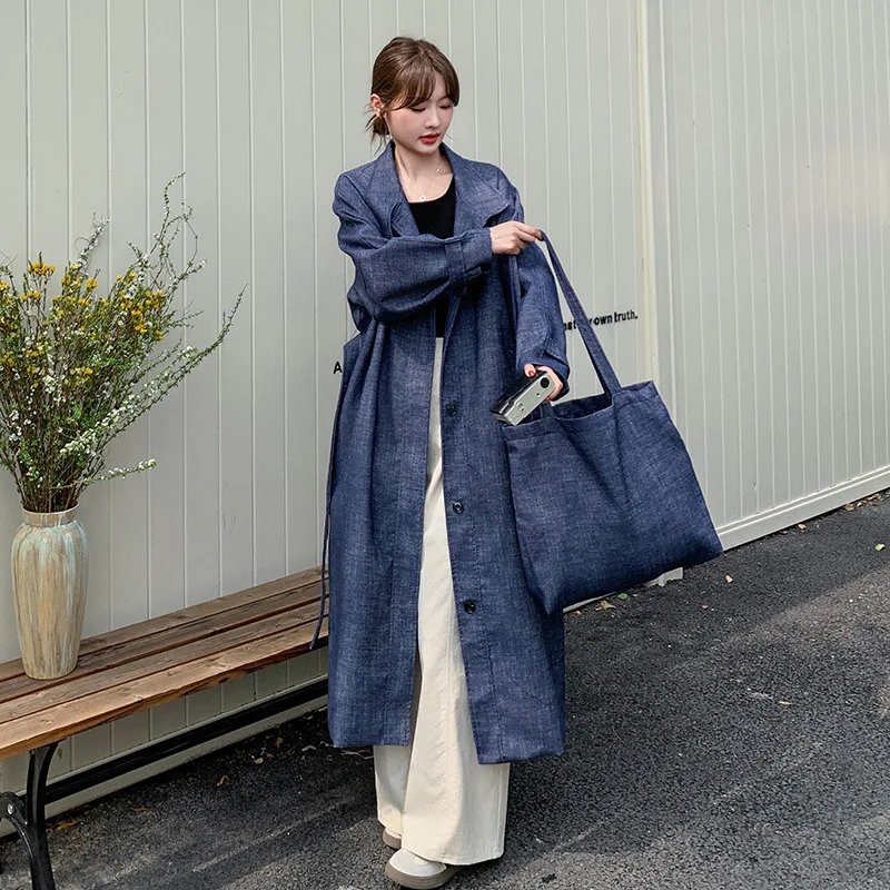 

Fashion Women's Elegant Denim Trench Stand Neck Belt Gathered Waist Windbreaker With Bag 2 Piece 2025 New Clothing