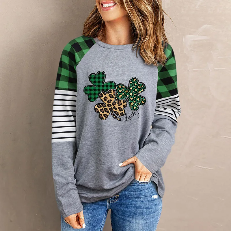 2023 Spring Sexy Fashion Lucky Clover Print Sweatshirt Long Sleeve Sweatshirt