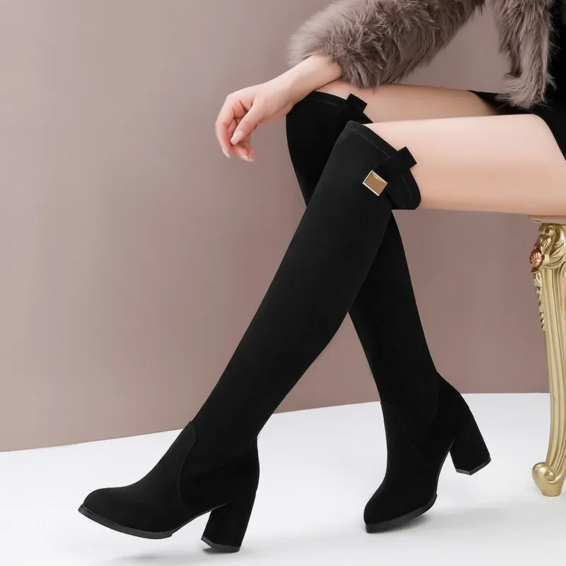 Damskie zamszowe elastyczne buty za kolano 2024 New Winter Warm Plush Long Boot Autumn Slip-On Pointed Thick High Heels Knight Boot