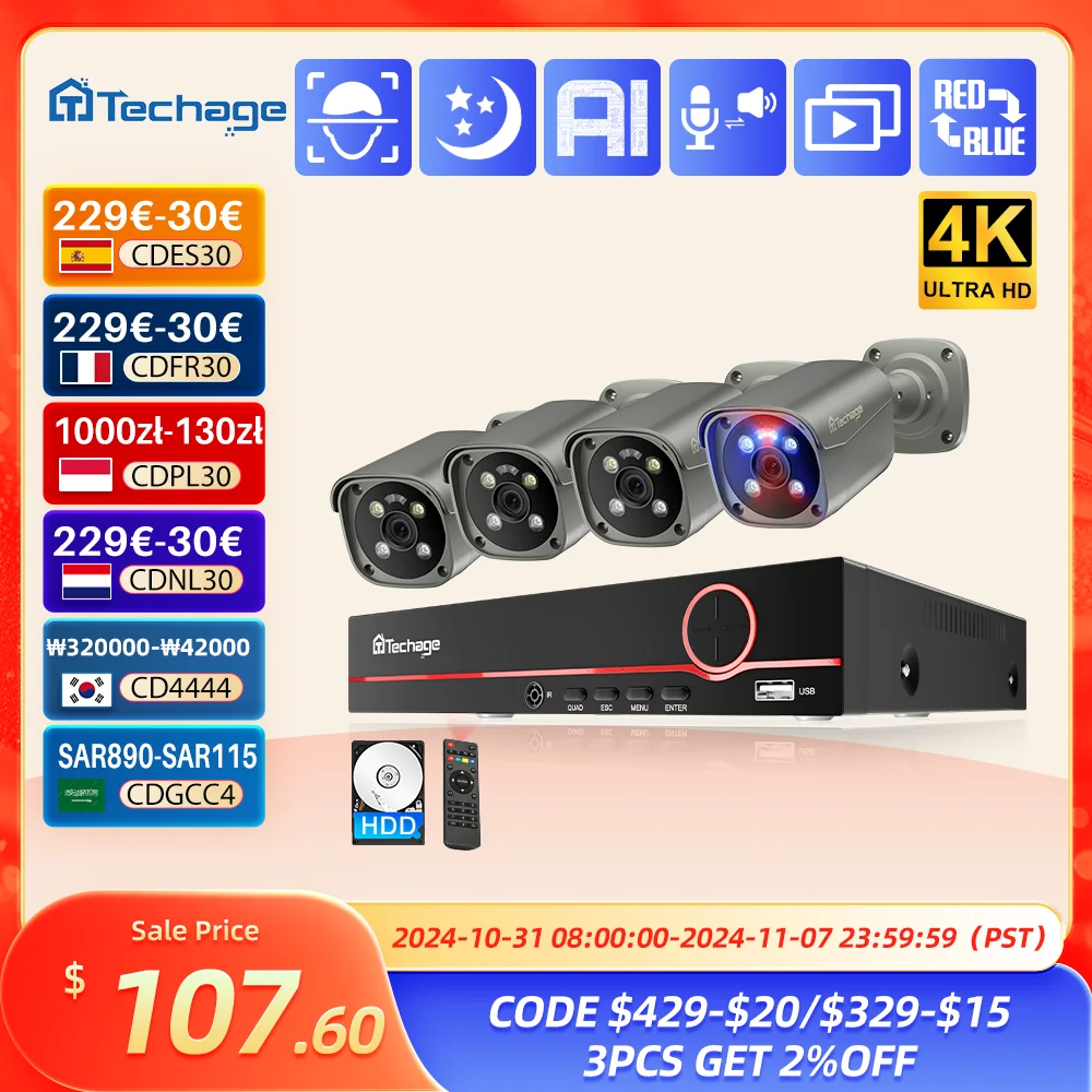 

Techage 4K 8MP Surveillance Camera System H.265 8CH PoE NVR Kit Human Detection Red-bule Light Alarm P2P Video Audio CCTV Camera