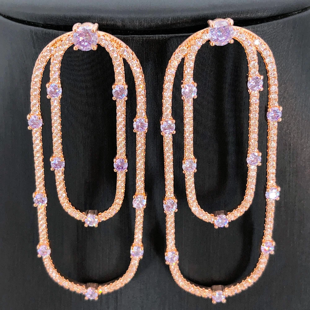 

Missvikki Romantic Long Oval Pink Purple Earrings For Women Wedding Party Shiny Full CZ Earrings Fashion Jewelry High Quality