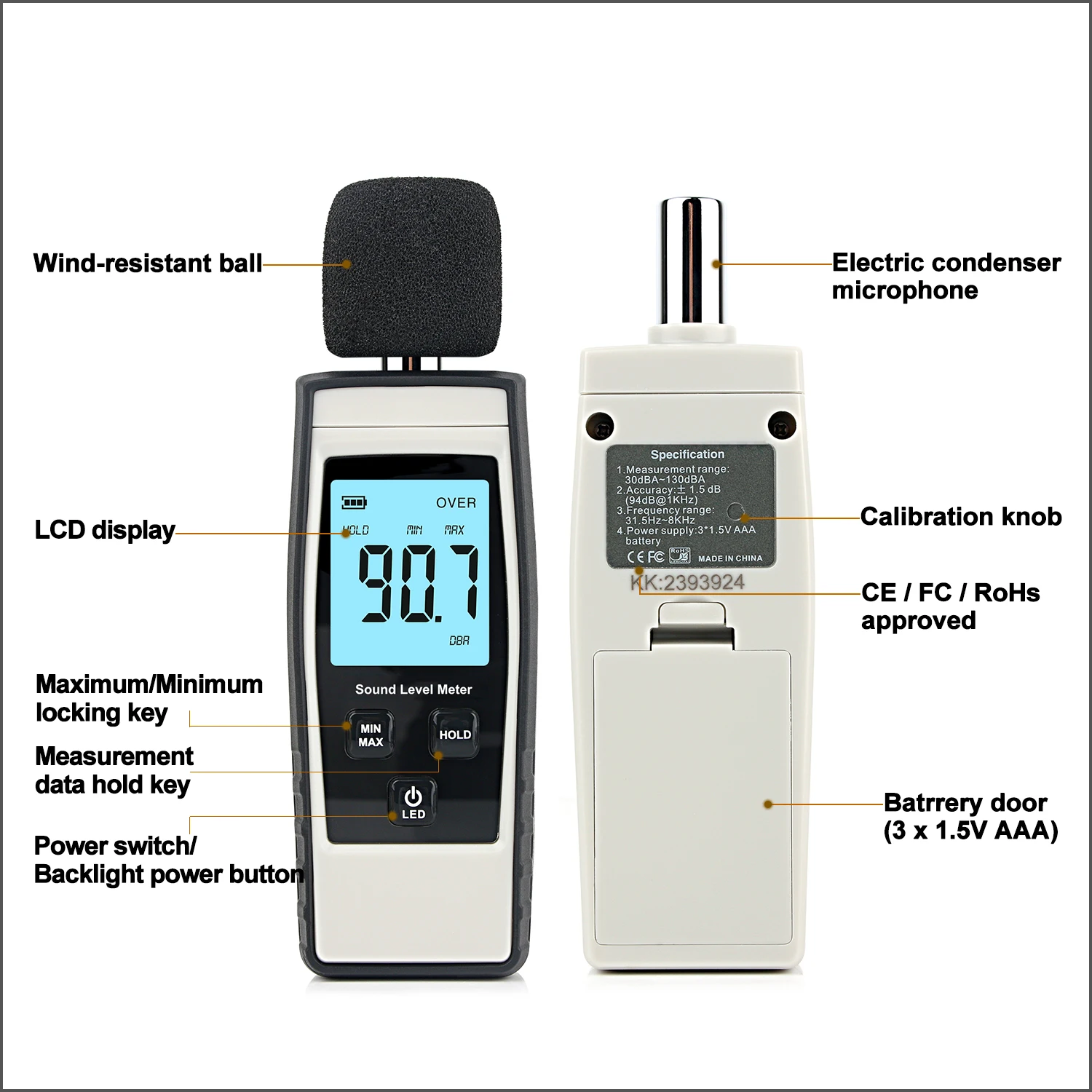 RZ Sound Level Meter Digital Handheld DB Meter Sound Monitor Noise Audio Level Meter 30-130dB Decibels Mini Sound Meter