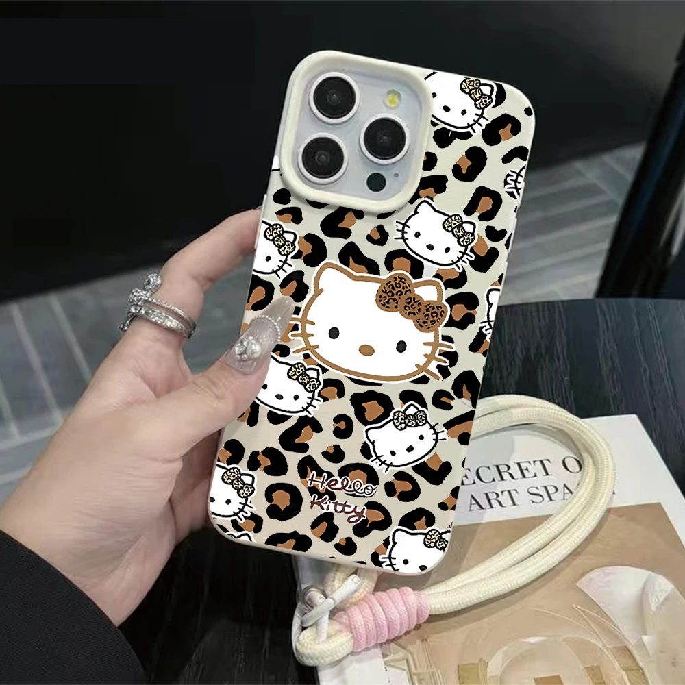 Braune Leopardenmuster Hello Kitty Lichee-Muster Lanyard Handyhülle für iPhone 17 Air 16 15 14 13 12 11 Pro Max XS X XR 7 8 Cover
