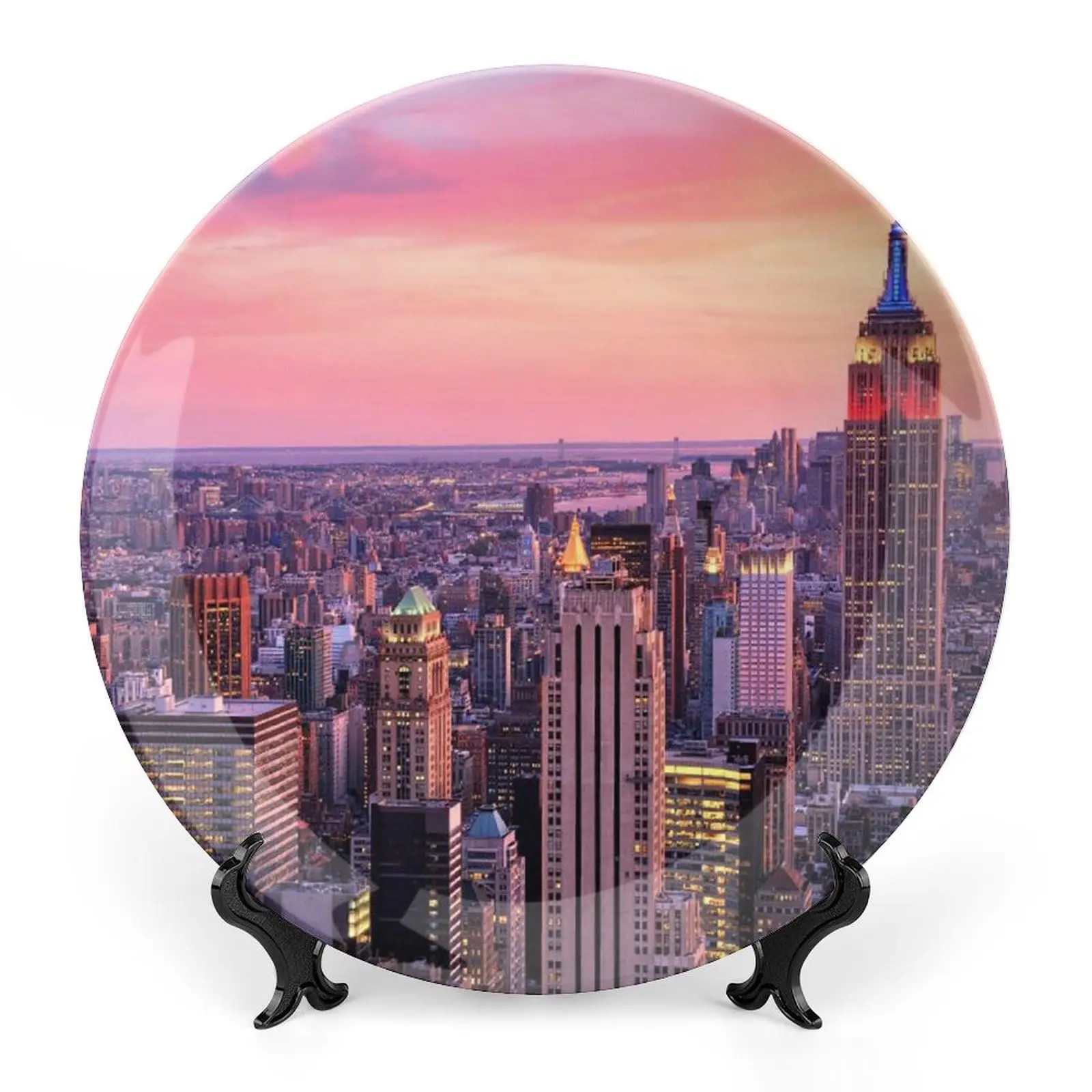New York At Night with Brooklyn Bridge Skyscrapers, Decor Ceramic Plates, City Print Ornament, Kitchen Wall Decor, Multicolor