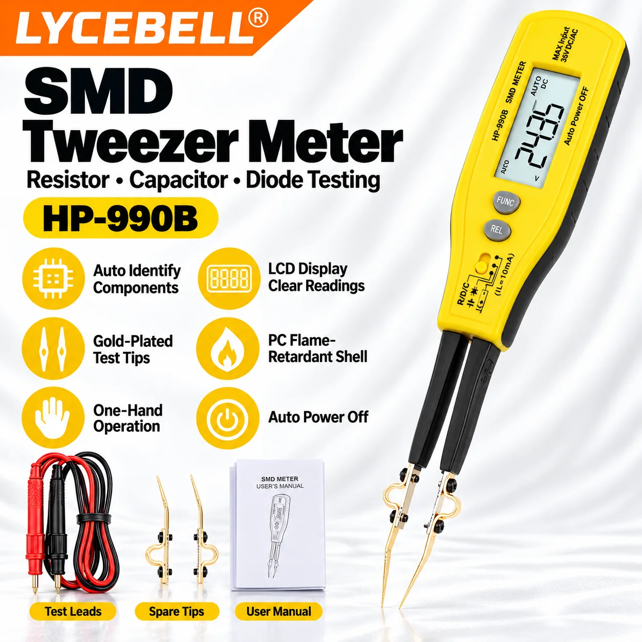 SMD Component Tester for Resistors, Capacitors, Diodes, and LEDs, Pen Type with 4000 Counts and Continuity Buzzer, HoldPeak 990B