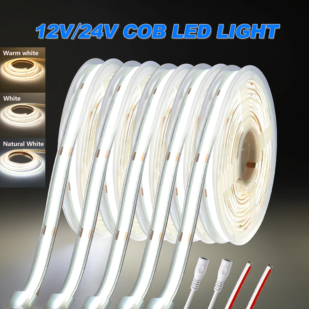 

480LED/м COB Светодиодная лента 12 В 24 В постоянного тока Вилка/2-контактный провод Высокая яркая водонепроницаемая гибкая лента Теплый натуральный белый 5M10M 20M 0,5M