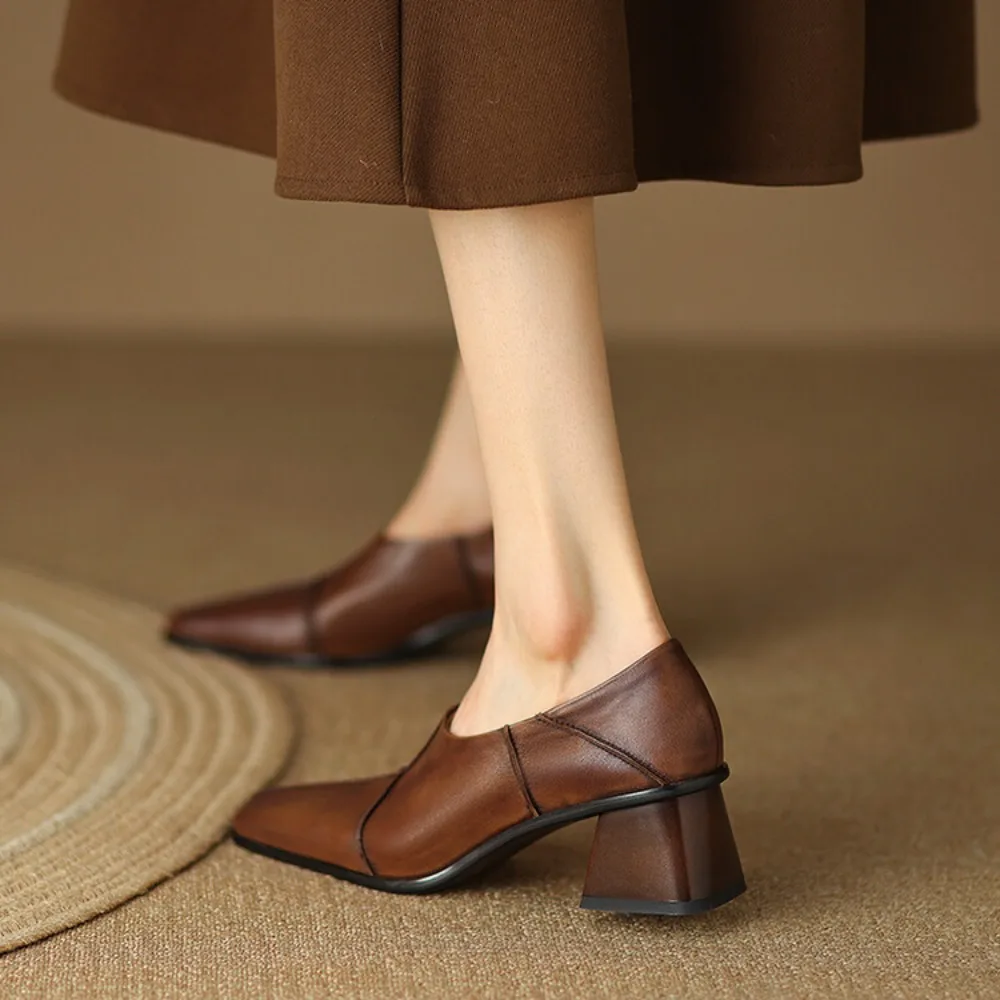 Women's Spring 2026 New Arrival Classic High Heels Genuine Leather Solid Color Chunky Heel Square Toe Office Date Party Wear