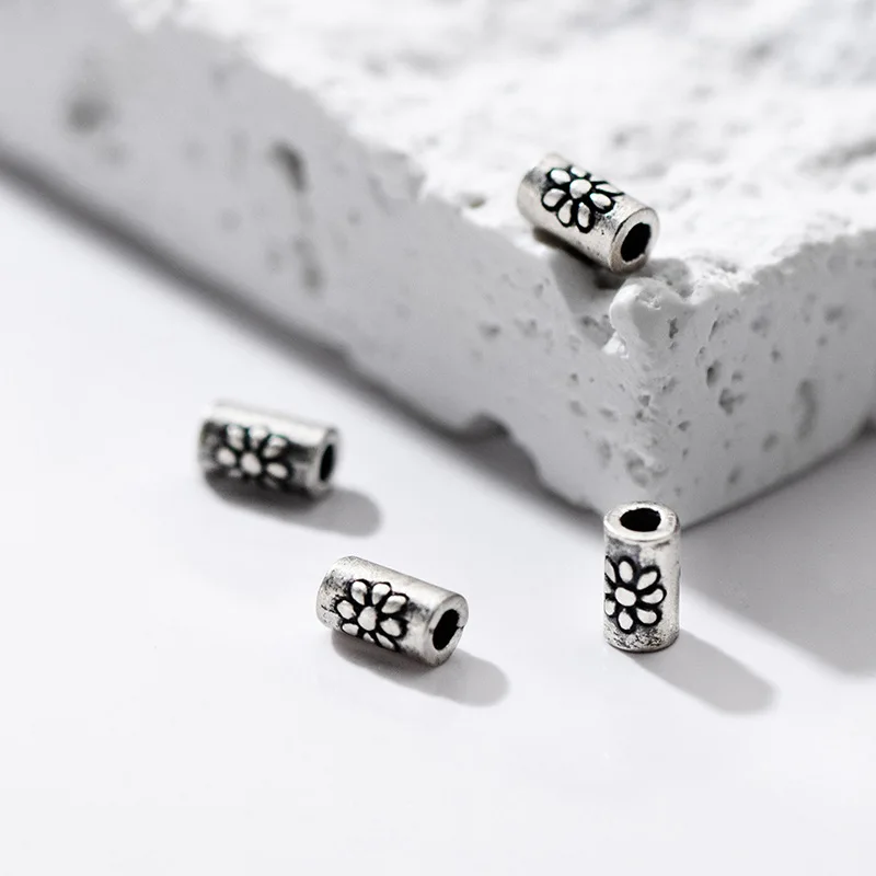 925 Silver Spacer Beads Daisy Flower Engraved Cylinder Loose Beads DIY Bracelet Jewelry Making Accessories 925 Silver Beads