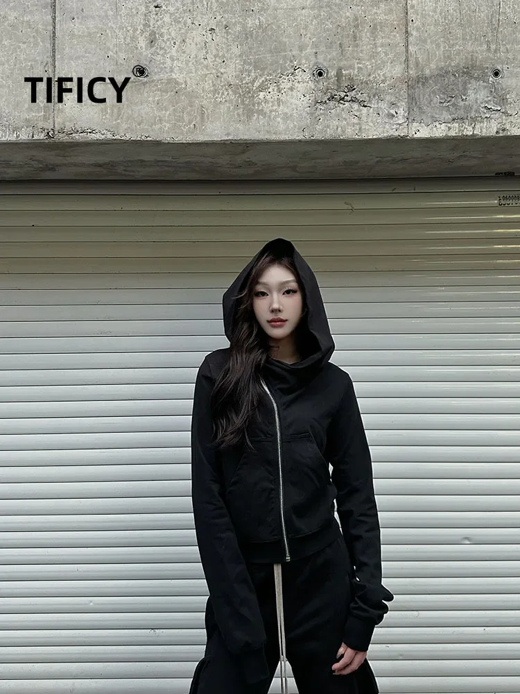 Dark RO Style 100% Cotton Spring Autumn Women's New Thread Splicing Slim Fit Zipper Stand Up Collar Cardigan Hoodies Sweatshirt