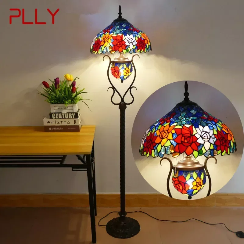 

PLLY Tiffany Floor Lamp American Retro Living Room Bedroom Lamp Country Stained Glass Floor Lamp