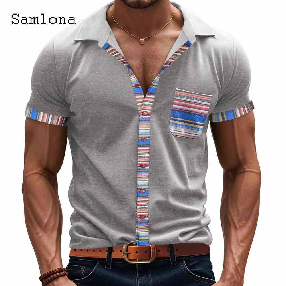 2025 Americ Style Fashion T-shirt Men Short Sleeve Patchwork Top Pullovers Open Stitch Notched Tees Shirt Men's Polo Shirts New