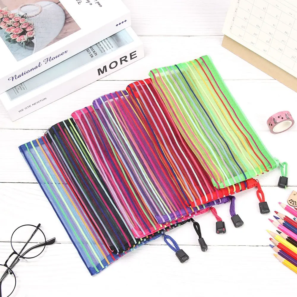 1pc Coin Purse Gifts Rainbow Color Makeup Nylon Stationery Cosmetic Storage Grid Mesh Pen Bag Zipper Pencil Case