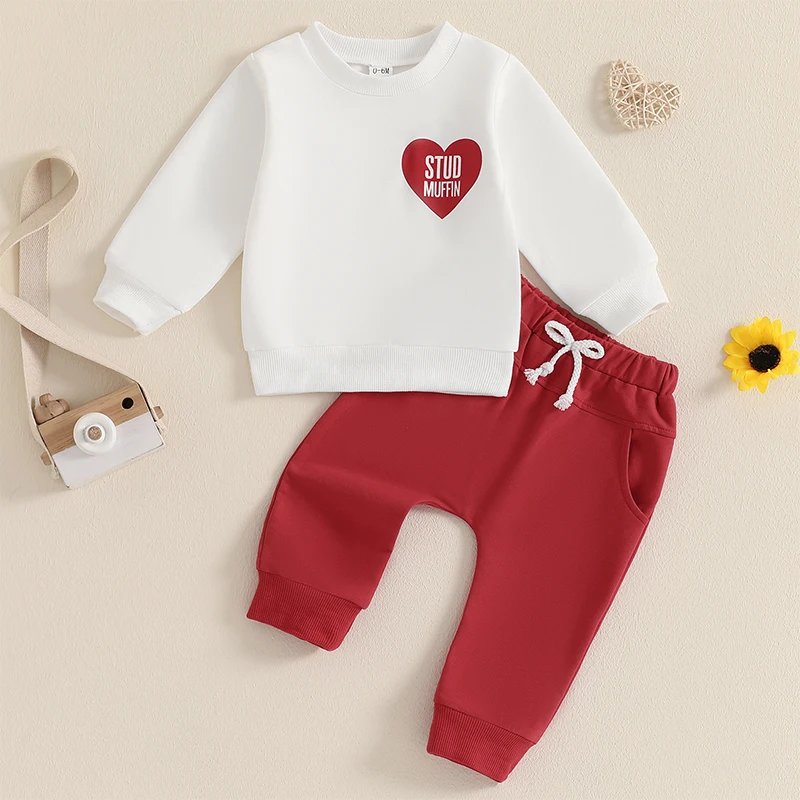 Boy Valentine s Day Outfit Sets Long Sleeve O Neck Letter Heart Print Tops Solid Color Drawstring Pants Sets