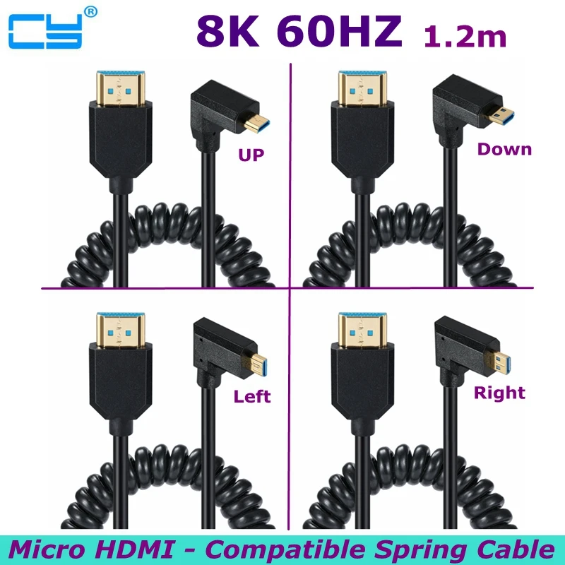 

HD 8k @ 60 Гц, угол 90 градусов, микро HDMI-совместимый спиральный кабель, компьютер, ТВ-монитор, цифровая камера, универсальная