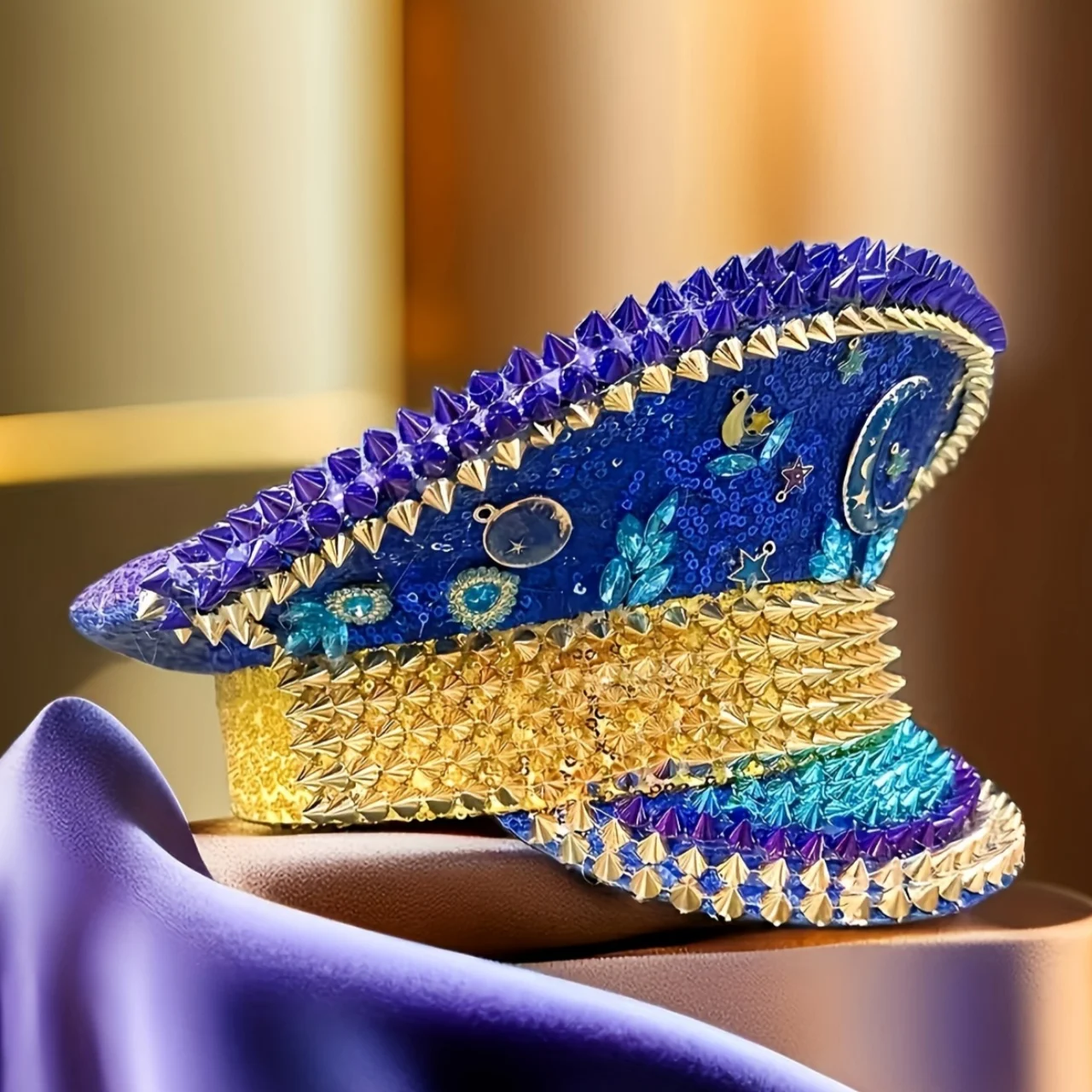 Ramadan Festival Captain Hat Moon Blue Gold Rivet Unisex Adult Military Cap Rhinestone Hen Do Hat Steampunk Masquerade Party